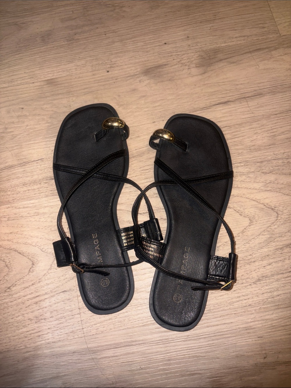 Rampage Black T-Strap Sandals with Gold Accents